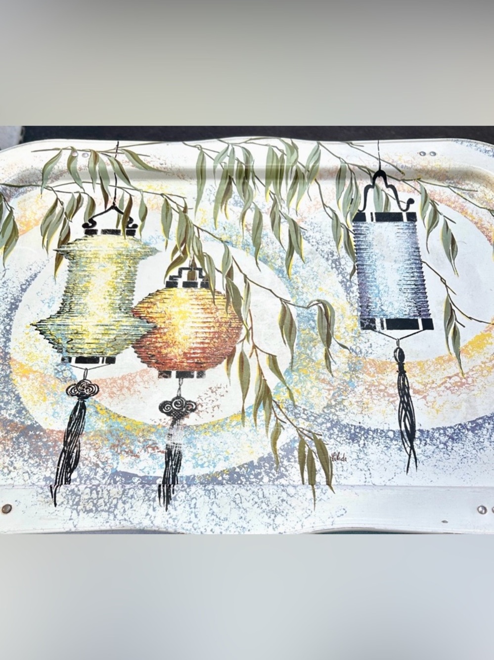 SALE! VTG Metal TV Tray Hanging Lanterns Pattern Breakfast/Lap Folding Tray